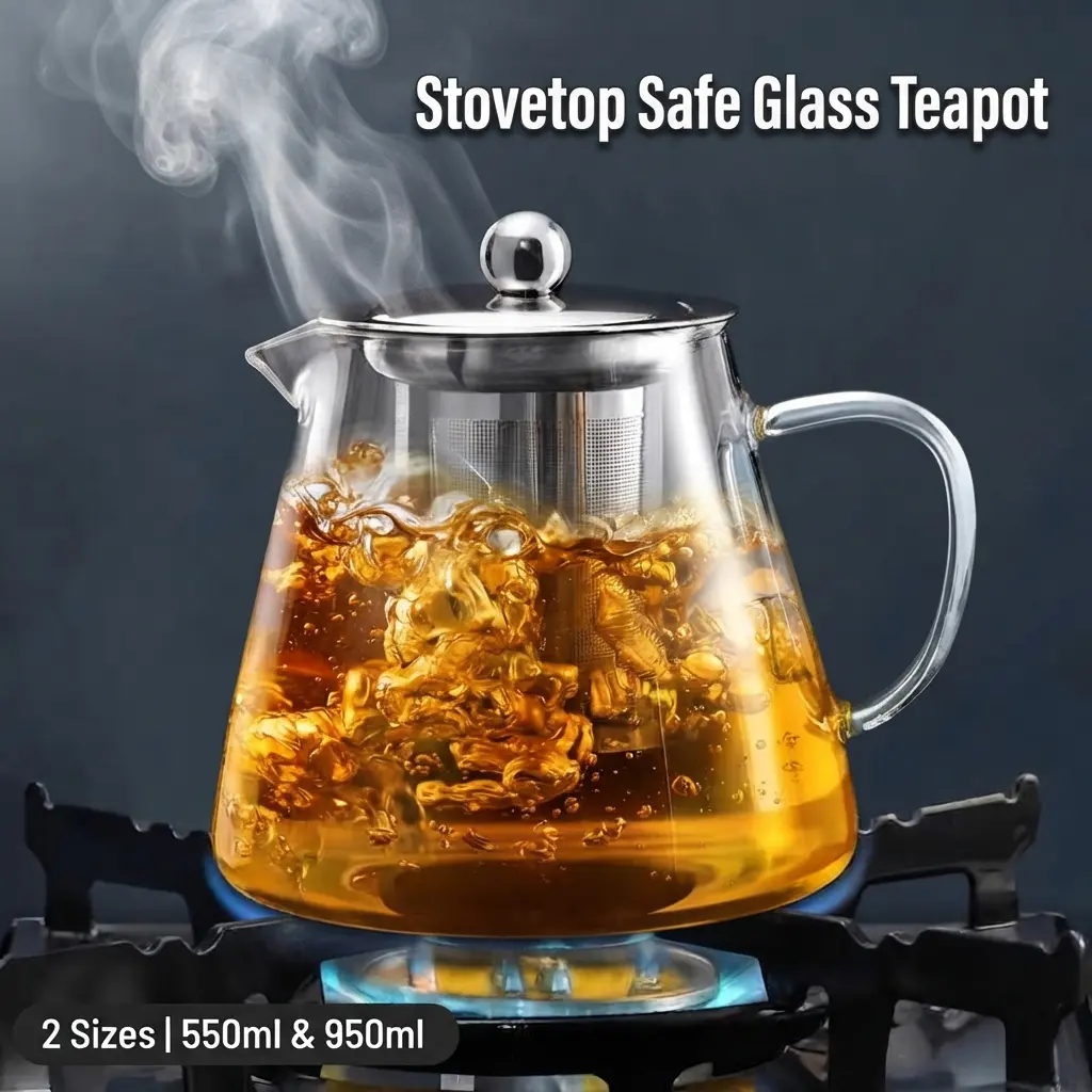 Heat Resistant Borosilicate Glass Teapot with Stainless Steel Infuser, Stovetop Safe Tea Kettle, 550ml / 950ml, Teapot Blooming and Loose Leaf Tea Maker Tea Brewer for Camping, Travel Dishwasher Safe