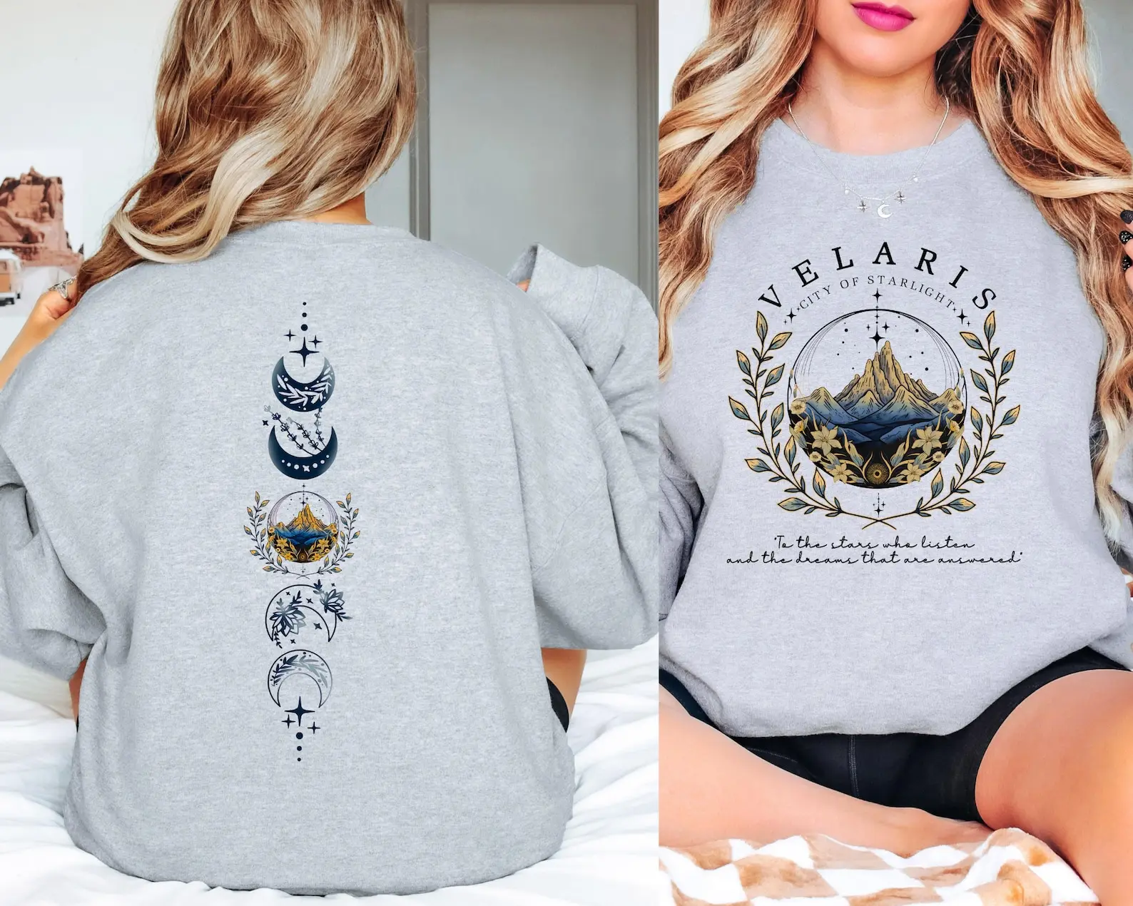 Women's Cotton Ribbed Comfortable Sweatshirt Tops - Velaris City of Starlight Print, Casual Long Sleeve Round Neck Everyday Style Pullover