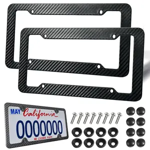 2 Pack Carbon Fiber License Plate Frame, 4 Hole Front & Rear Car Tag Cover, Universal US CA Vehicle Plate Frame with Complete Screws Nuts Washers Set, Premium Car Exterior Accessories