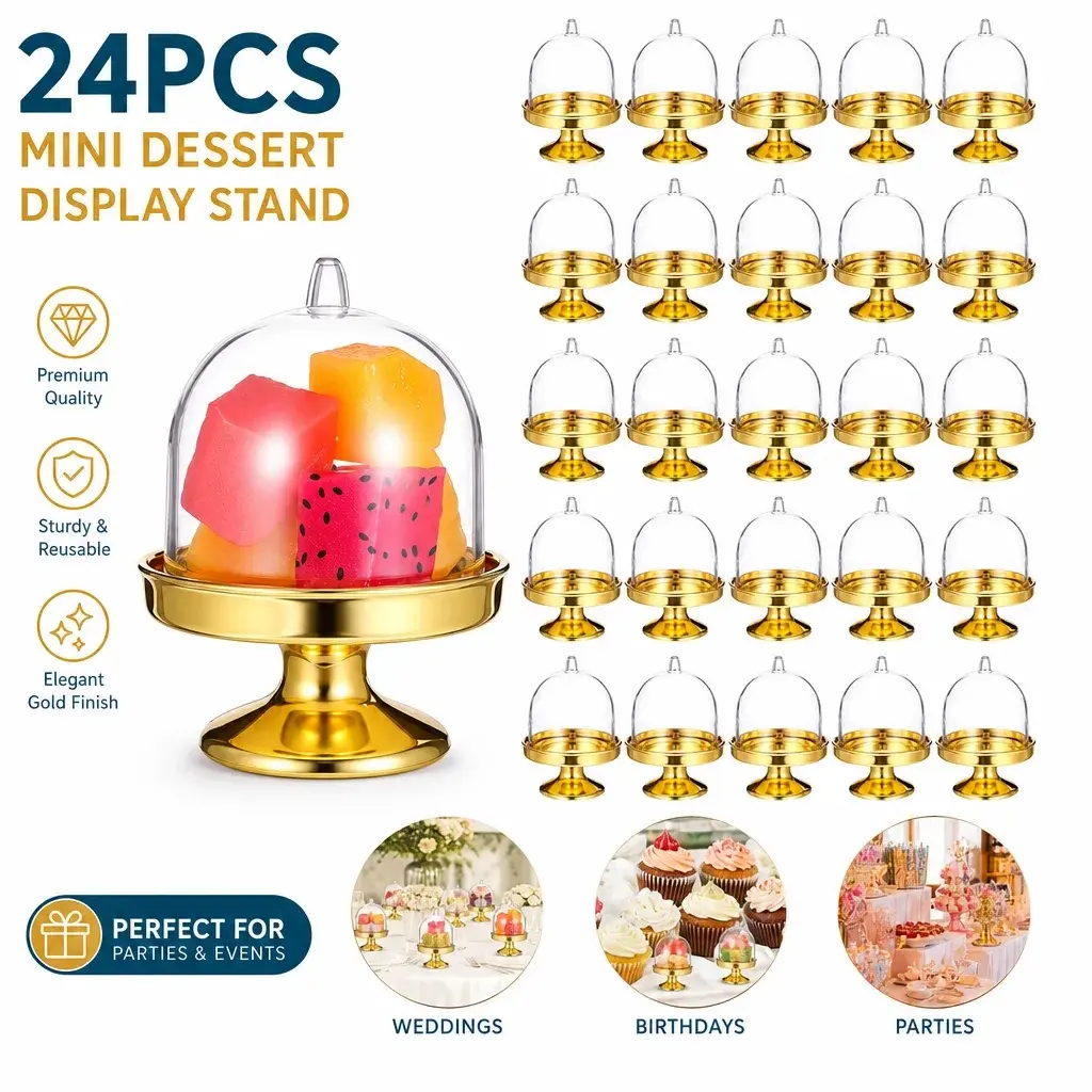 24 Pack Mini Cake Stand with Dome – Gold Base & Clear Cover, Tiny Donut & Cupcake Display Stands – Perfect for Weddings, Birthdays, Party Dessert Tables