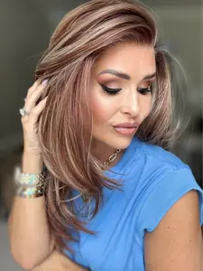 MACA BAKA Clara Terracotta Red Blonde Layered Ombre Highlight Lace Front Wig with Scandinavian Hairline Low Density 16 Inches Medium Length Natural Wavy Copper HD Synthetic Lace Front Wigs for Women