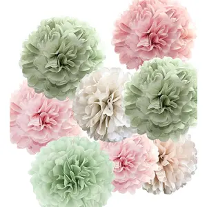 Tissue Paper Pom Pom Kit – Rose Pink and Sage Green Paper Flowers, 12 Pieces, for Baby Shower, Wedding, Bridal Bachelorette, and Birthday Party Decorations (Green + Pink)