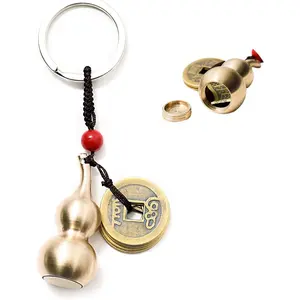 Feng Shui Coins with Brass Calabash Wu Lou Key Chain for Longevity Travel Safely Wealth Porsperity Success and Good Luck with Blessing Paper in it