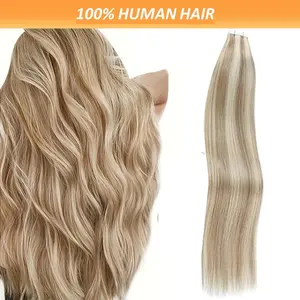 Tape Extensions Ponytail Tape Extensions 20pcs Highlighted Tape-In Human Hair Extensions, Seamless Light Beige Weft, Dirty Blonde & Platinum Blonde, Double-Sided, Human Hair for Natural Look,  Straight Hair,Sleek Straight Hair |   Realistic Hair Texture