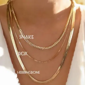Gold Filled Non Tarnish Unisex Chain Necklace with 2 Inch Extender for Adjustable Fit - Snake, Box, Herringbone Designs