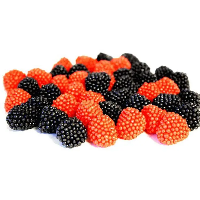 Raspberry Flavored Red and Black Gummy Candy Bites, Sweet Grab-and-Go Snack, Guilt-Free Chewy Treat