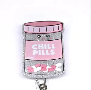 Pink and White Chill Pills Medicine Bottle Glitter Acrylic Retractable Badge ID Reel Belt or Alligator Clip Perfect for Nurses, Pharmacy Techs, and Pharmacists id badge hospital worker great gift Cute retractable clip