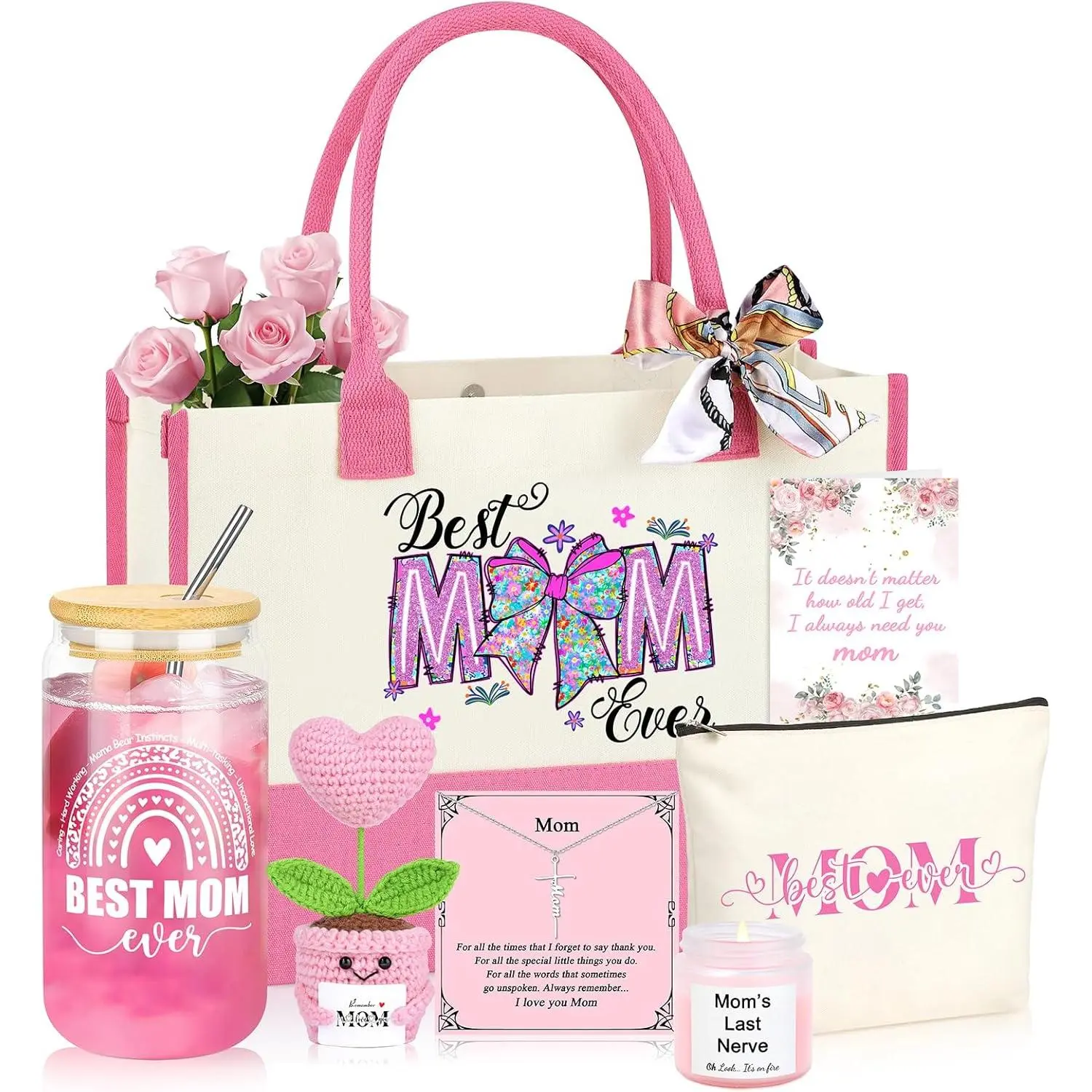 Women's 6-Piece Gift Basket Set - Mother's Day Gift 2, Mom Presents with Solar LED Motion Sensor Lights, Red Rose Petals, Heart Lollipop, Stationery, Rechargeable USB Under Cabinet Lights, Easter Mini Plush Toy, Romantic Home & Festive Party Supplies