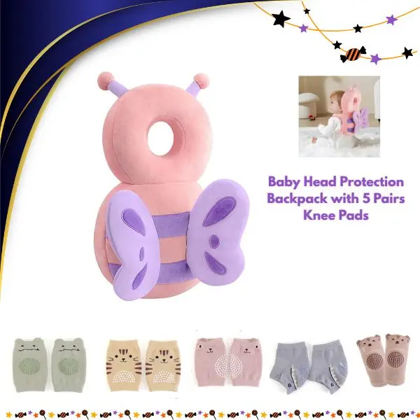 Baby Head Protection Backpack with 5 Pairs Knee Pads, Toddler Head Protector for Crawling & Walking, Adjustable Baby Safety Cushion Backpack, Soft Protective Gear, Halloween Gift Idea for Babies & Toddlers