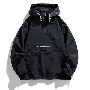 Men's Black Windbreaker Jacket - Half Zipper, Drawstring Hood, Trendy Street Style Jacket with Slogan Print Coats Casual