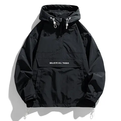 Men's Black Trench Coat Jacket - Half-Zip Hoodie, Drawstring Hood, Long Sleeve, Slogan Print, Fitted Cut, Lightweight, Adjustable for Street Style, Outdoor Exploring & Sports Use