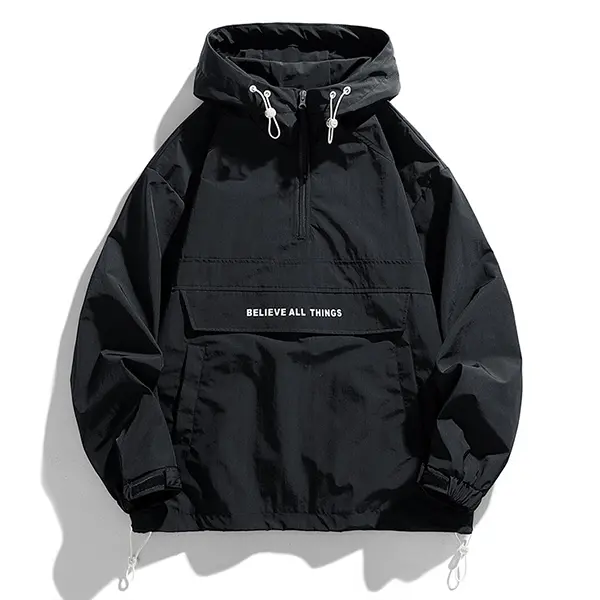 Men's Black Trench Coat Jacket - Half-Zip Hoodie, Drawstring Hood, Long Sleeve, Slogan Print, Fitted Cut, Lightweight, Adjustable for Street Style, Outdoor Exploring & Sports Use