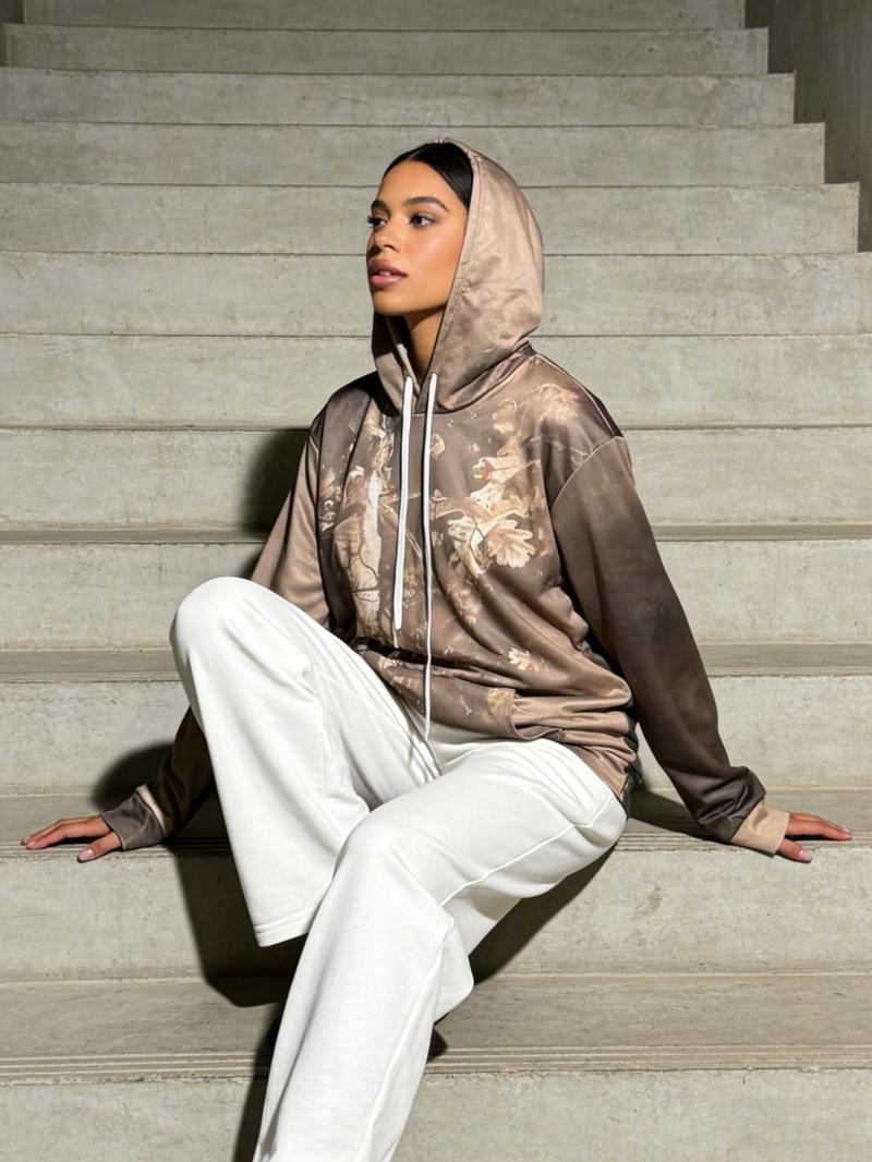 Womens Camo Maple Leaf Hoodie | Oversized Lightweight Printed Fleece Hooded Sweatshirt with Pocket |  Camo Leaf Branch All over Print | Casual Fabric Womenswear Everyday Polyester Style Tops Breathable Long Sleeve