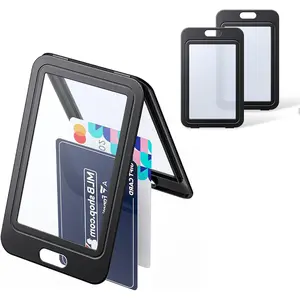 3 Pack ID Badge Holder with Double-Sided Windows Vertical Hard Plastic Case Black Card Protector Pouch for Office School ID Credit Cards Proximity Key Cards Driver's Licenses and Passes