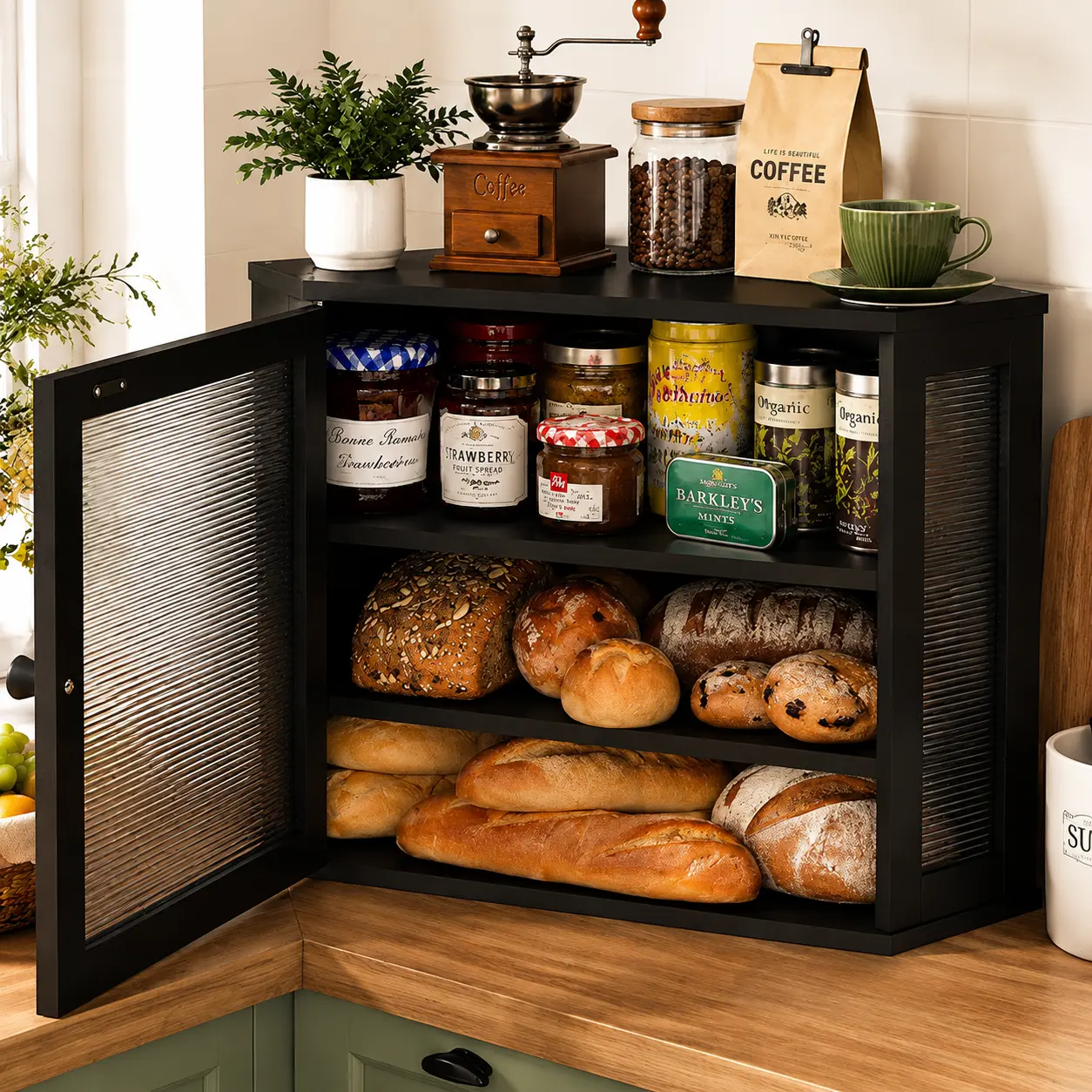 Corner Bread Box for Kitchen Countertop, 2-Tier Wooden Storage Cabinet with Fluted Glass Door, Space Saving Counter Corner Bread Keeper food
