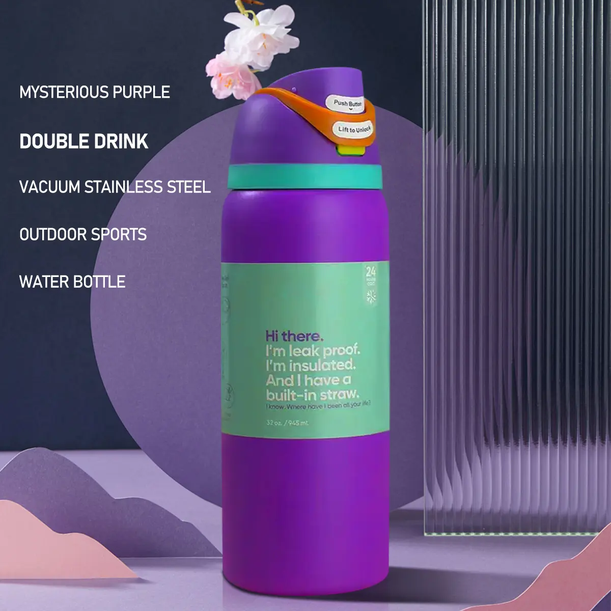 OW-Purple Elegant Stainless Steel Portable Vacuum Flask - 32oz/945ml Double-Layer Leakproof Tumbler, Insulated Water Cup with Straw, Reusable Bike Bottle for Outdoor Sports, Travel, Birthday Gifting
