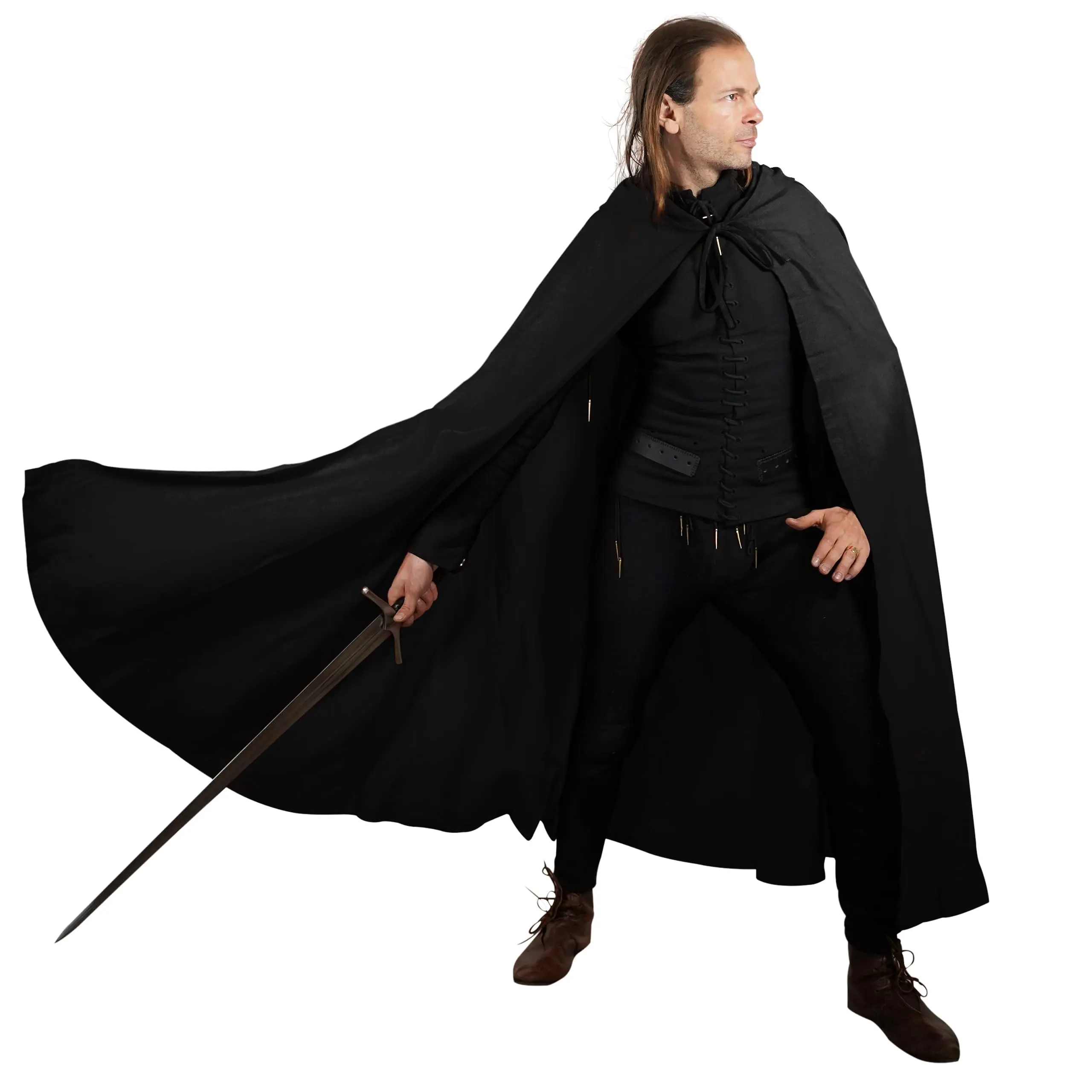 Women's Mythrojan Medieval Hooded Cloak - Cotton & Wool Garment, Comfortable Clothes & Accessories for LARP, Renaissance Faire - Black, Large Poncho, Halloween