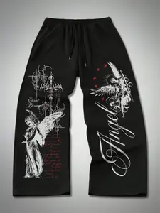 Gothic Angel Graphic Wide Leg Sweatpants | Y2K Grunge Streetwear | Oversized Baggy Lounge Pants | Dark Aesthetic Alt Fashion | Eternal Blessings Cross & Angel Print | Joggers for Men/Women | Casual Streetwear Trousers | Trendy Essentials Bottom