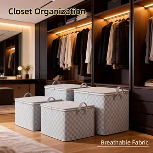 2-Piece Premium Fabric Chessboard Pattern Blanket Storage Bag, Foldable Moisture-Proof Waterproof Durable Large Capacity Home Organizer Storage Tote