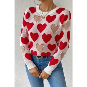 Round Neck Heart Shape Pearl Beads Knit Sweater
