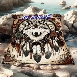 Customizable Wolf Dream Catcher Soft Flannel Throw - Polyester Fiber Lightweight Blanket for Sofa, Travel, Camping, Office Chair - Personalized Name Printing Gift Blanket (1pc)