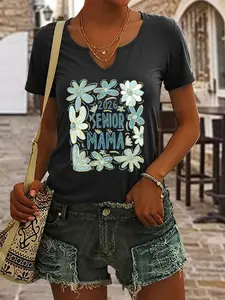 Women's Summer V Neck T-Shirt, Graduation Mom Print Top, Soft Lightweight Casual Shirt, Breathable Fashion, Short Sleeve