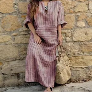 Women’s Summer Long Dress – Cotton/Linen Casual Striped Loose Maxi Sundress, New for 2025, Vacation Wear