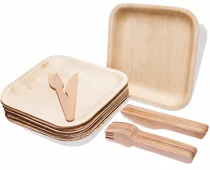 HABBIBI Bamboo Plates Disposable with cutlery (25 Forks & 25 Knives) - 8" Eco Friendly Palm leaf plates, 100% Biodegradable & Compostable Party Plates (8 Inch) better than plastic and paper plate