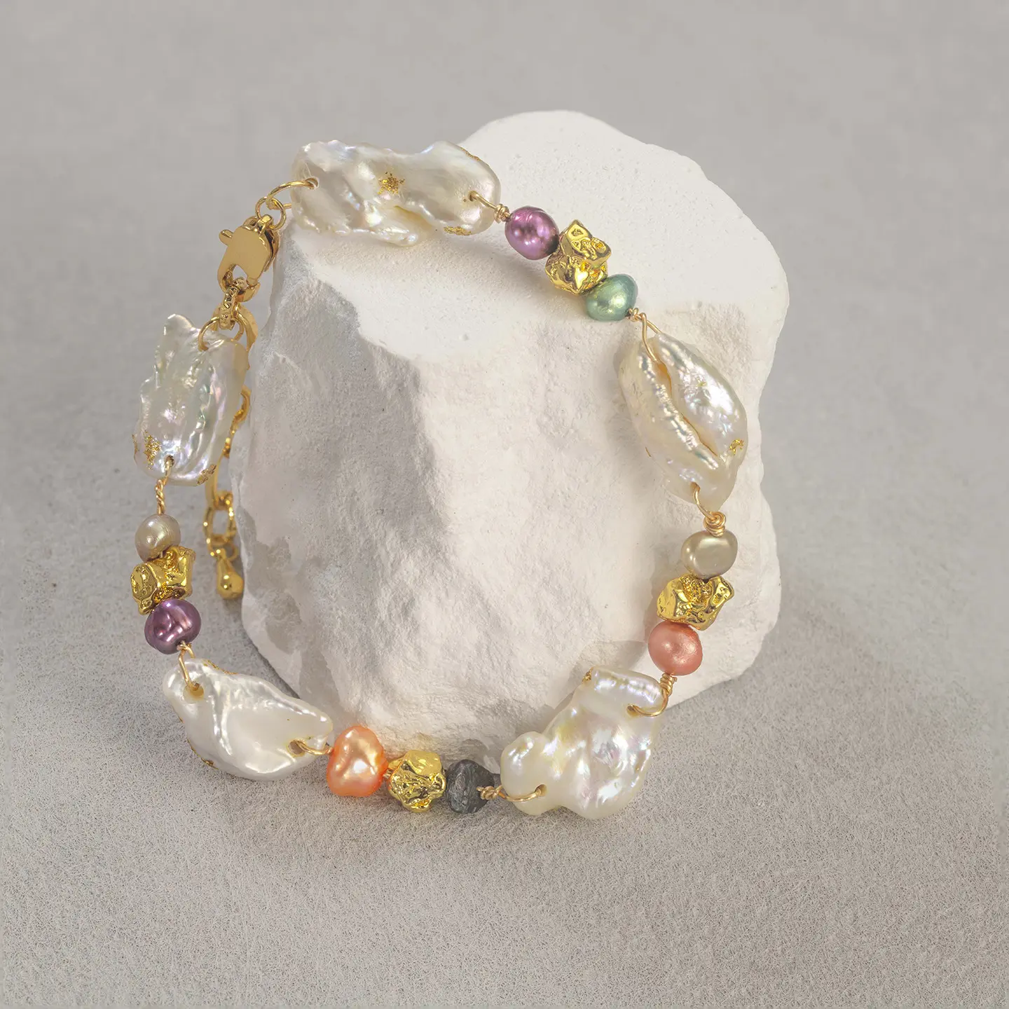 Multicolor Baroque Pearl & Gold Nugget Bracelet | Adjustable Gold Tone Copper Alloy Chain | Artisanal Boho Mermaidcore Jewelry | Eclectic Summer Bangle Gift