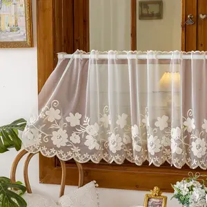 American Style Half Curtain Lace Embroidery Window Shade, Coffee Color Door Drape, Semi-Blind Decorative Curtains for Home