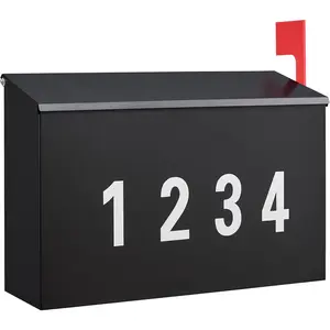 Wall-Mount Mailbox with  Flag Kit and Three Sets of 0-9 Mailbox Number Stickers, Mailboxes for Outside, Galvanized Steel Rust-Proof Metal  Box, 4.33" Dx14.2 Wx10.43 H, Black