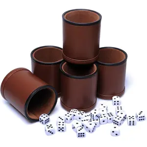 5 Pack PU Leather Dice Cups Felt Lining Quiet Shaker with 30 Dot Dice for Bar Party Yahtzee Farkle Dice Games