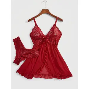 Women's Contrast Lace Ruffle Trim Wrap Cami Nightdress & Bow Front Panty Set, Adjustable Spaghetti Strap Backless Nightgown & Knicker Set, Ladies Nightwear