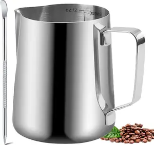 Milk Frother Cup, 12oz (350ml) Milk Frothing Pitcher Metal 304 Stainless Steel Steamer Cup, Coffee Milk Cappuccino Latte Art Barista Steaming Pitcher Espresso Jug with Decorating Pen