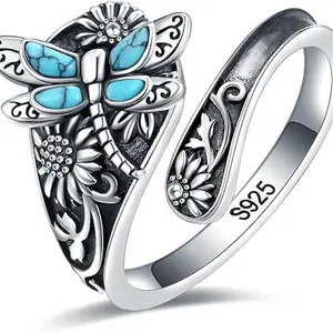 1 Pcs 925 Sterling Silver Vintage Ring Flower Dragonfly Blue Opal Open adjustable Rings Jewelry Birthday Gift For Women Men
