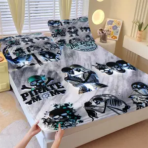 Blue Tone Skeleton Pirate Fitted Sheet Set, 1 Fitted Sheet and 2 Pillowcases, Full-Printing of Multiple Groups of Skull Narrative Scenes, Soft Non-Slip Wrinkle Resistant, Gothic Dark Romance Bedroom Decor, Decorative Bedsheet Sets, Gift Choice
