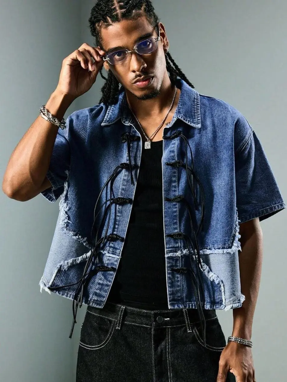 Streetwear clothing - Men's Denim Jacket, Embroidery Frog Button Jean Coat, Vintage Casual Streetwear Outerwear trending clothes trending clothing summer clothing summer outfits male clothing vacation outfits streetwear going out outfit