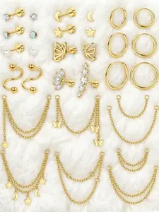 30 Pcs Daily Wear Golden Ear Jewelry Combination for Men Women Sturdy Stainless Steel Copper Stable Wearing Effect for Daily Wear Multi-style Jewelry Trendy Huggie Hoop Earrings Comfortable Flat Back Fixed Studs Fashionable Delicate Chain Dangle Designs