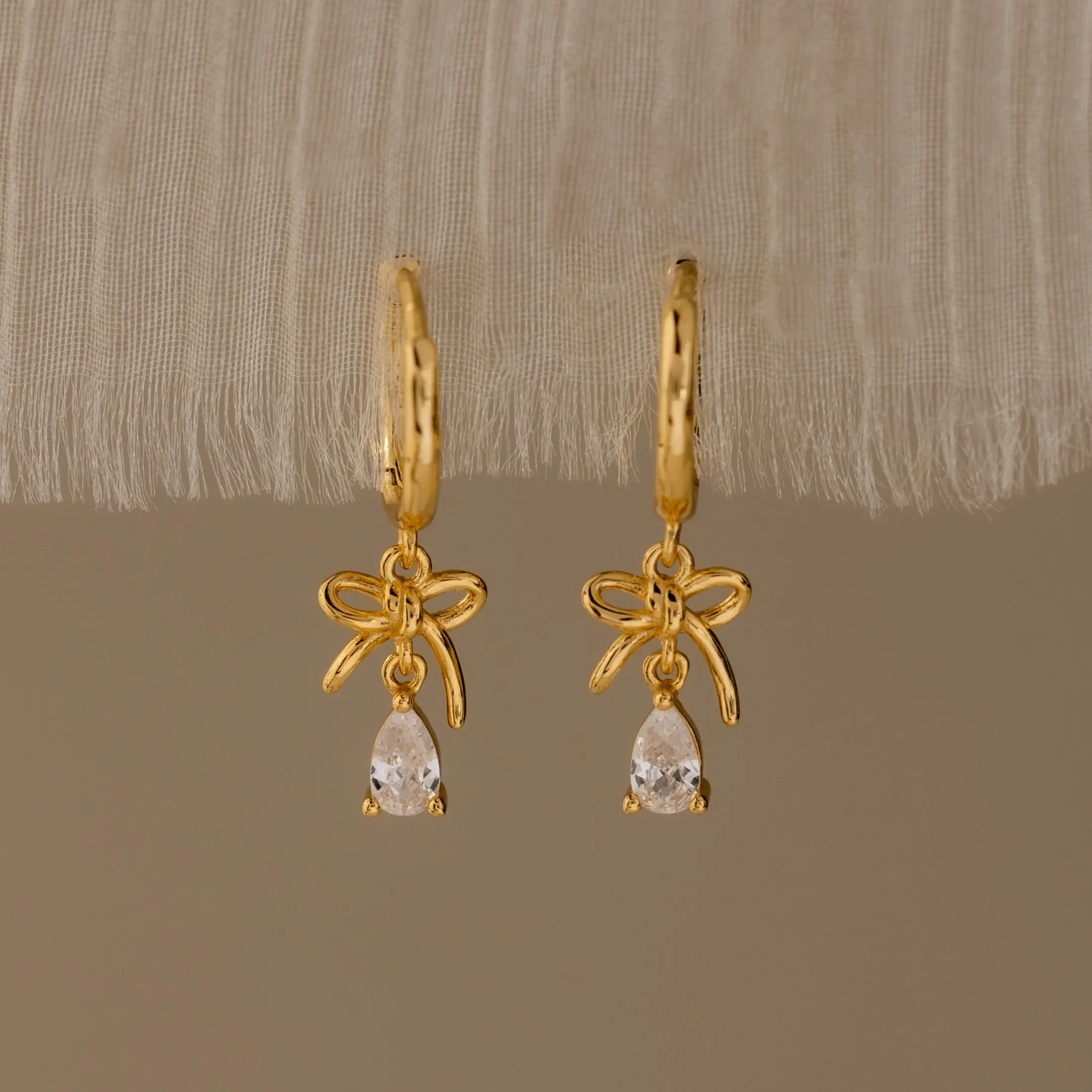 Teardrop Ribbon Charm Hoops by Caitlyn Minimalist - Dainty Bow & Diamond Drop Earrings in Gold & Silver - Coquette Jewelry - Girlfriend Gift