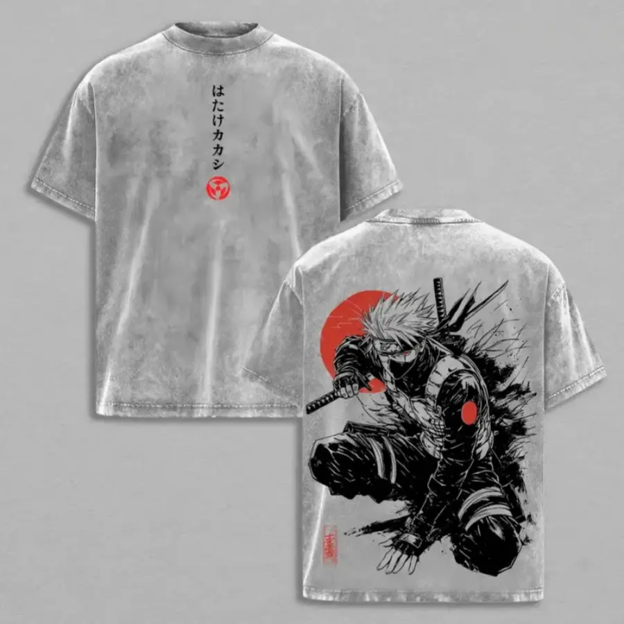 Kakashi Hatake Vintage Washed T‑Shirt, Naruto Anime Sharingan Ninja Graphic Tee, Oversized Japanese Streetwear Unisex Dark Aesthetic Manga Top