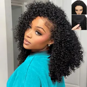 Kinky Curly Half Wig Human Hair 18 Inch 200 Density 3 In 1 Drawstring Seamless Flip Wigs Wear Go Glueless Half Up Half Down Headband Wig Natural Black for Women Beginner Friendly
