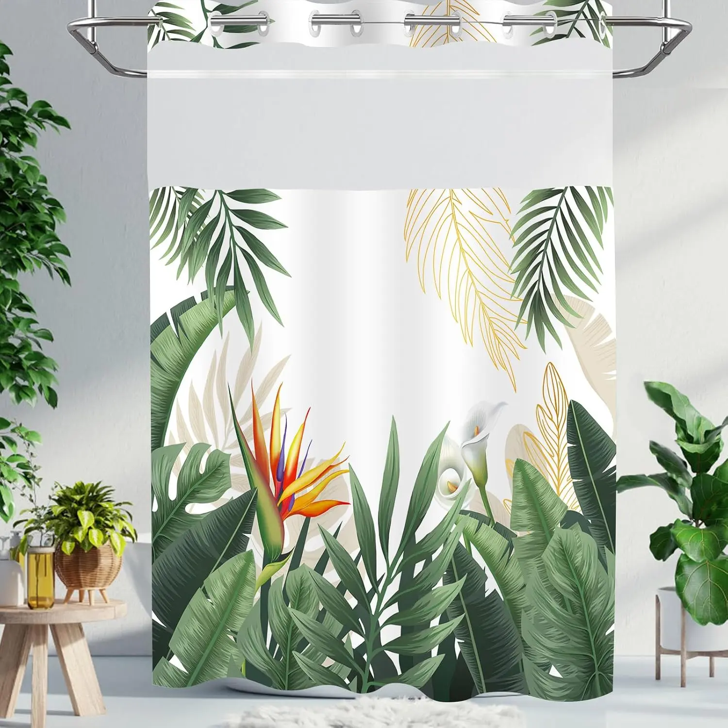 No Hook Tropical Shower Curtain with Snap in Liner Set - Summer Green Palm Monstera  Leaf for Bathroom Decor - Hotel Quality Botanical Ringless Double Layer 71" x 74"