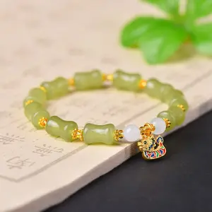 Golden Silk Jade Bamboo Node Bracelet 8x12mm Clear Water Color Good Fortune Joy Lucky Charm Beaded Jewelry for Unisex