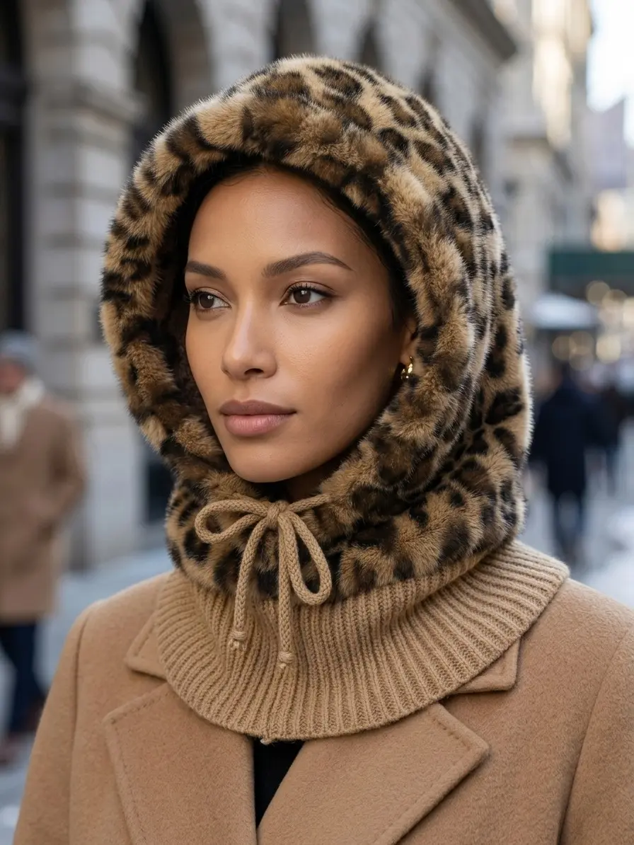 Leopard Faux Fur Hood Scarf, Knitted Drawstring Balaclava, Thick Warm Winter Head Neck Cover For Women Cold Winter Outfits