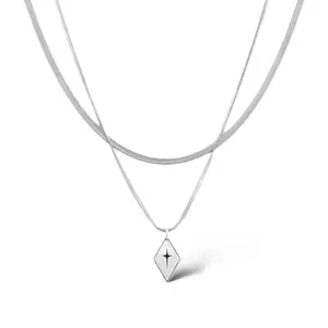 Layered Snake Chain Geometric Rhombus Cross Pendant Necklace for Men Women