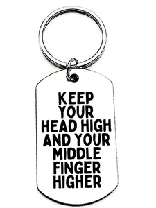 Stainless Steel Keychain Cartoon Character Design, Keep Your Head High Motivational Quote, Cute Simple Style Accessory
