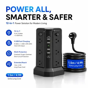 Ew Product Upgrade PASSUS Tower Surge Protector Power Strip PD18W/20W. Extension Cord with 12 AC Outlets 5 USB Charging Ports Surge Protection for Home Office DormRoom, Workspace Organization, Dorm Room Essentials, Compact Design, Spacesaving