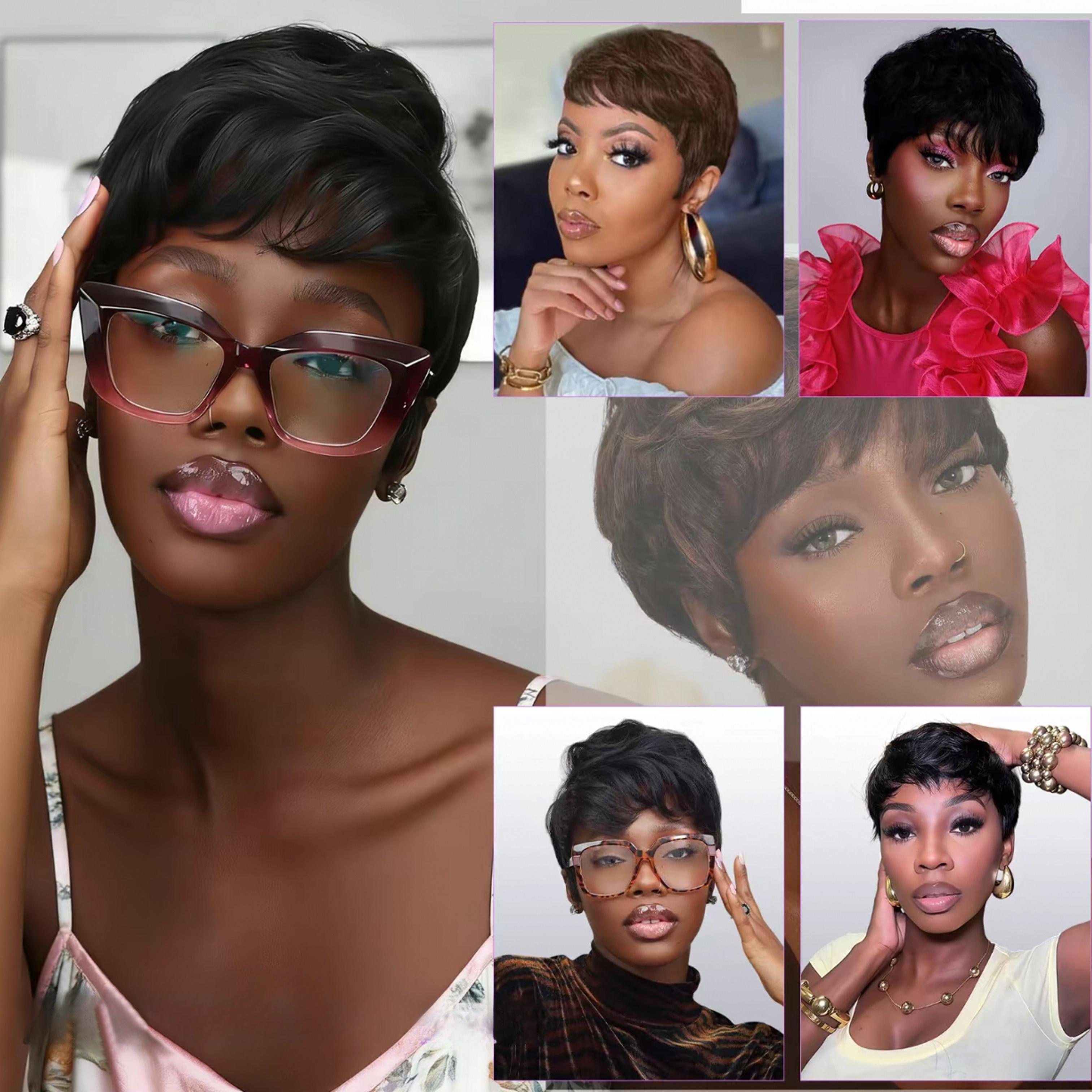 OPQHAIR Natural Black  Straight Hair Women' Glueless Short Pixie Wig Human Hair Bob with Bangs Suitable for Summer, Music Festivals, Parties