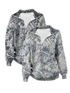 Women's Street Vintage Camo Full-Print Loose Long Sleeve Zipper Hoodie Sweatshirt, Casual Fall & Winter Clothing, School Reunion Teacher