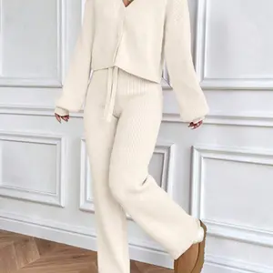 Qutie Drop Shoulder Cardigan & Tie Front Knit Pants